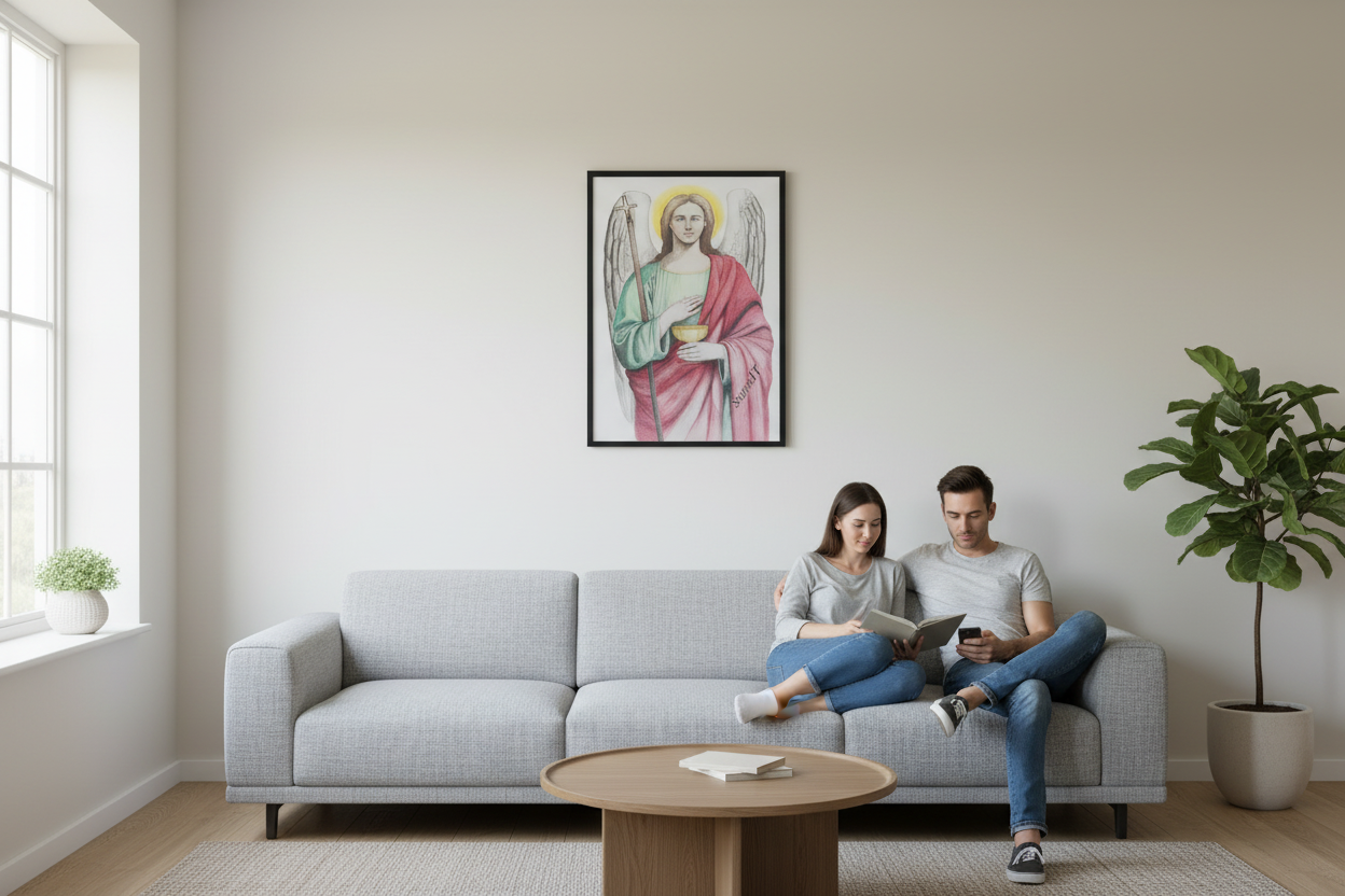 Saint Uriel wall art with people on couch